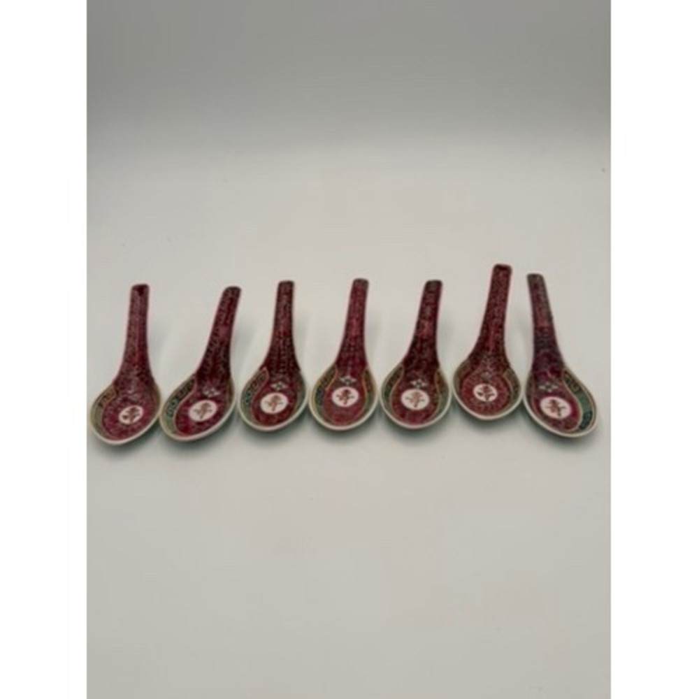 Jingdezhen Chinese Soup Spoons Set 7 Pink Longevity‎ Porcelain Vintage Excellent